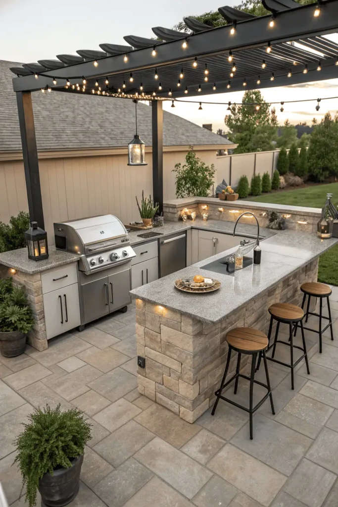 Outdoor kitchen with stainless steel grill, mini fridge, sink, stone countertops, and bar seating, designed with essential appliances and features for cooking and entertaining.