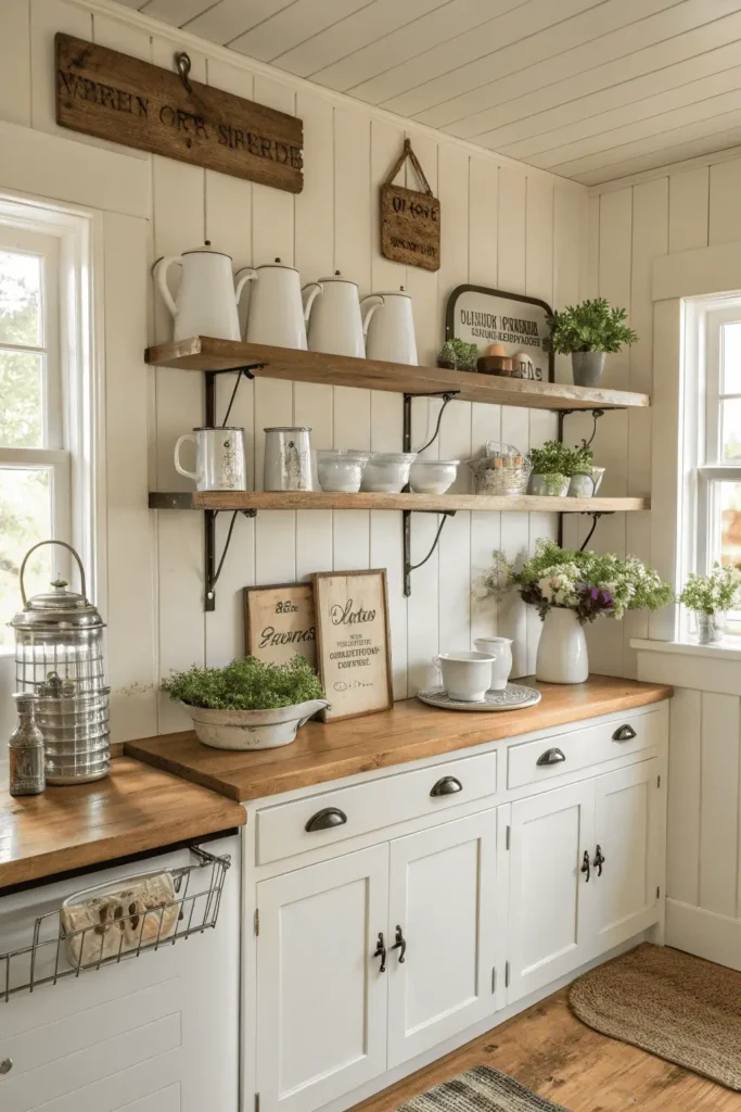 Farmhouse kitchen decorated with enamelware, rustic signs, galvanized metal containers, and a floral arrangement in a mason jar for authentic rustic charm.