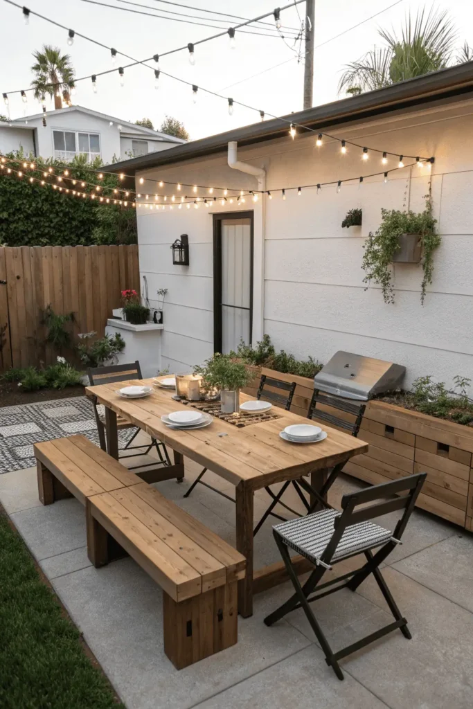 Backyard outdoor kitchen with picnic table as prep station, benches with storage, and foldable chairs.