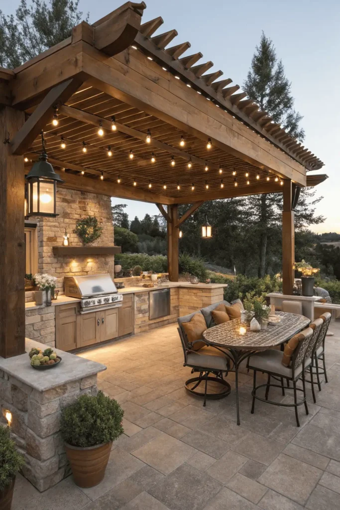 Outdoor kitchen with a pergola for shade, string lights for evening cooking, and cushioned seating for comfort, blending functionality with stylish design.