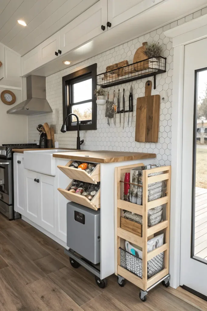 Mobile home kitchen remodel featuring pull-out storage, wall racks, and compact appliances to save space.