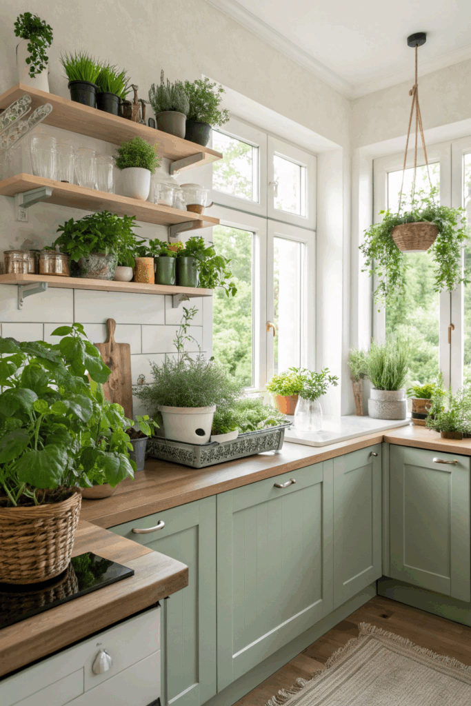 Modern kitchen decorated with potted herbs, hanging plants, and fresh flowers.