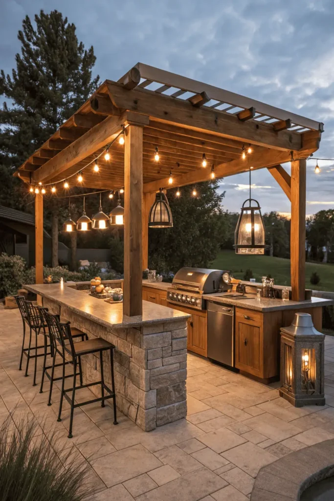 Outdoor kitchen with pergola, string lights, and canopy for shade and evening comfort.