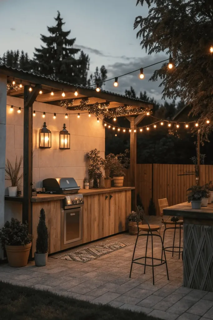 Outdoor kitchen with string lights, lanterns, potted plants, and cozy budget-friendly decor at dusk.