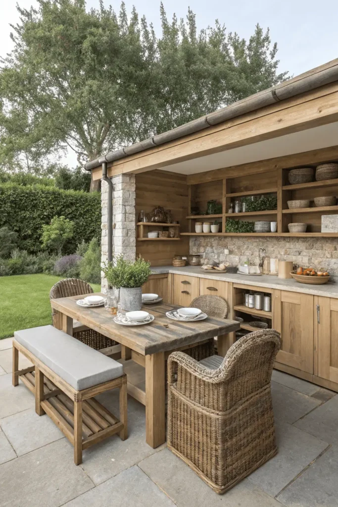 Garden outdoor kitchen with wooden benches, rustic dining table, and storage cabinets under stone counter.