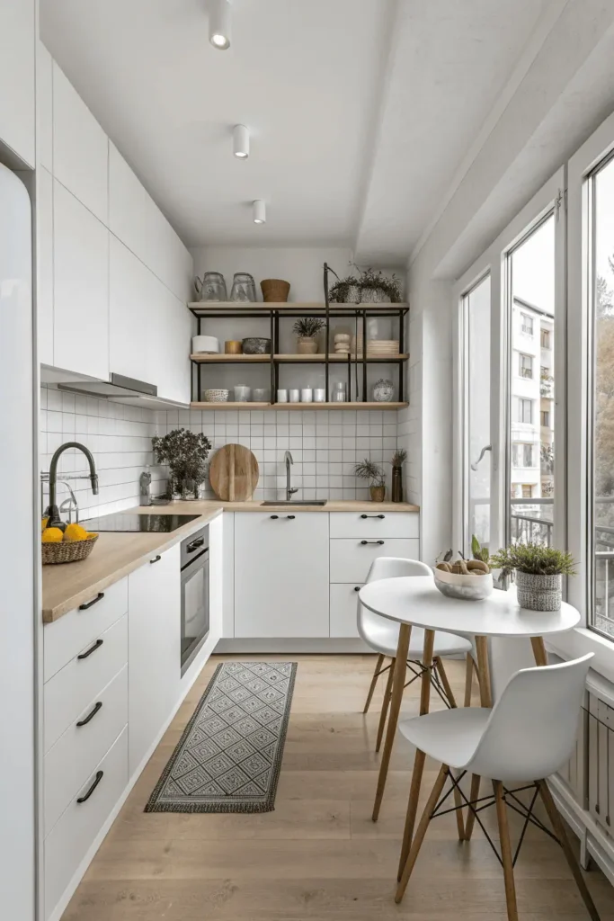 Minimalist small open kitchen with white cabinets, clean counters, and simple shelving.