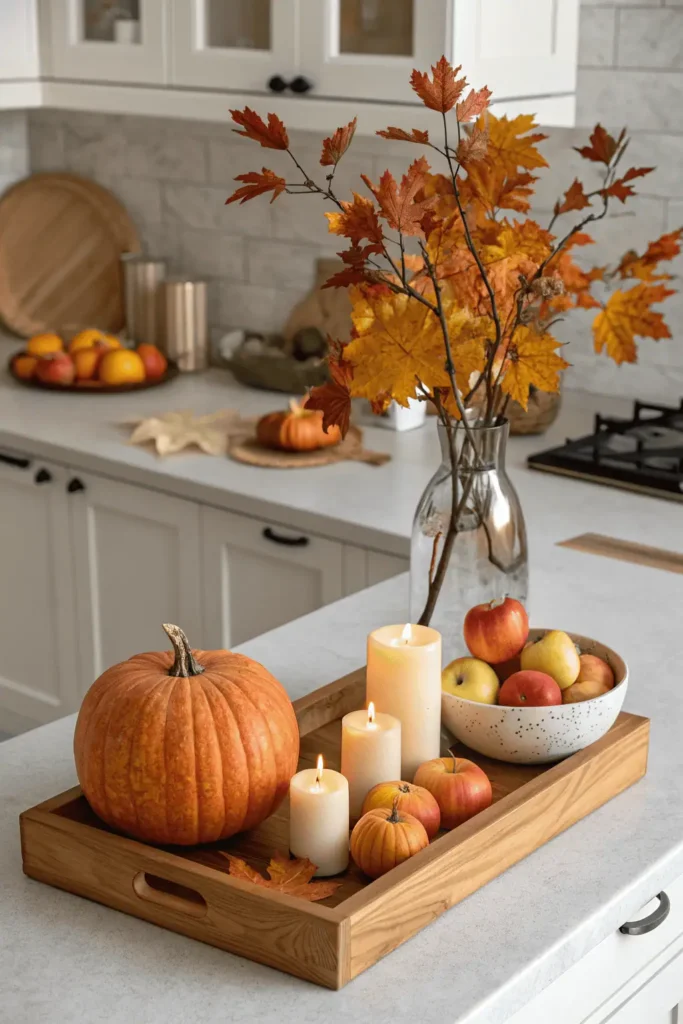 Kitchen counter decorated with pumpkin, candles, and fall leaves showing seasonal refresh in decor.
