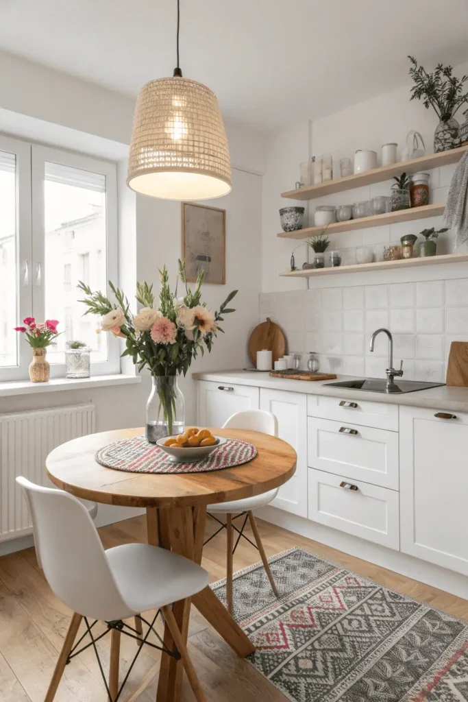 Small kitchen with a wooden table decorated with flowers, a table runner, and pendant light.
