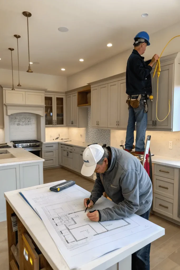 Kitchen remodel in progress with contractors, designers, and an electrician working together to ensure quality and safety.