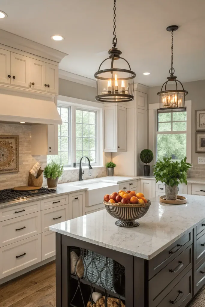 Remodeled kitchen with decorative hardware, pendant lighting, plants, and accessories that complete the transformation with style and personality.