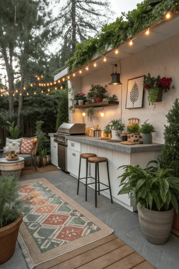 Backyard outdoor kitchen with plants, cushions, outdoor rug, and warm decorative lighting.