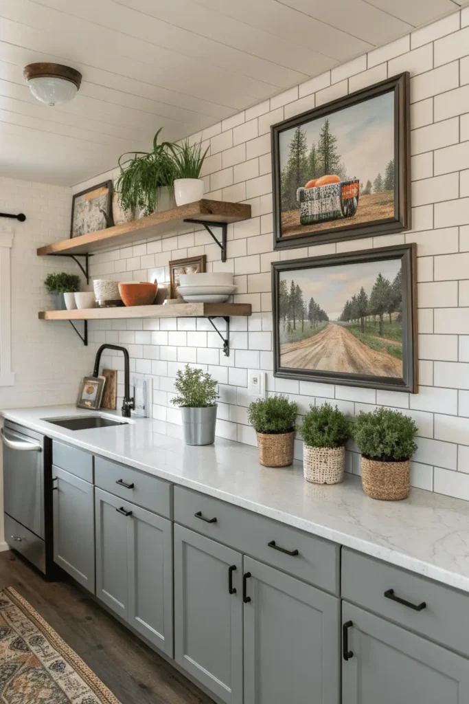 Mobile home kitchen remodel personalized with backsplash, plants, and farmhouse-style decor.