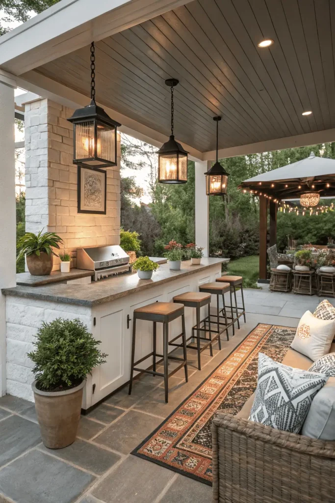 Outdoor kitchen decorated with plants, lanterns, pillows, and rugs for a cozy, inviting look.