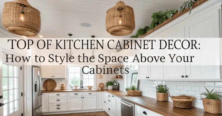 Kitchen with decorative plants, baskets, and vases styled on top of cabinets to create a warm and inviting look.