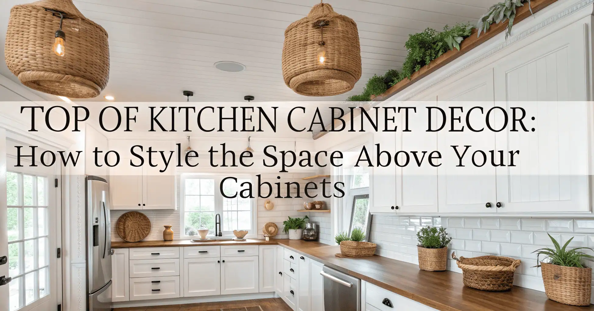 Kitchen with decorative plants, baskets, and vases styled on top of cabinets to create a warm and inviting look.