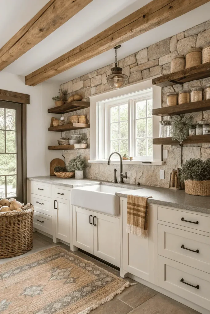 Farmhouse kitchen with white cabinets, wooden accents, open shelving, vintage jars, and a farmhouse sink, styled with rustic warmth and practicality.