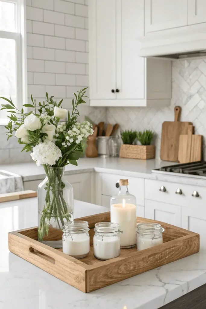 Modern kitchen counter decorated with tray, flowers, jars, and cutting board for style and function.