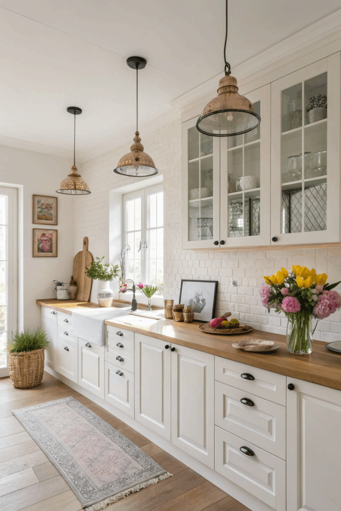 Modern kitchen decorated with flowers, wall art, and stylish lighting.