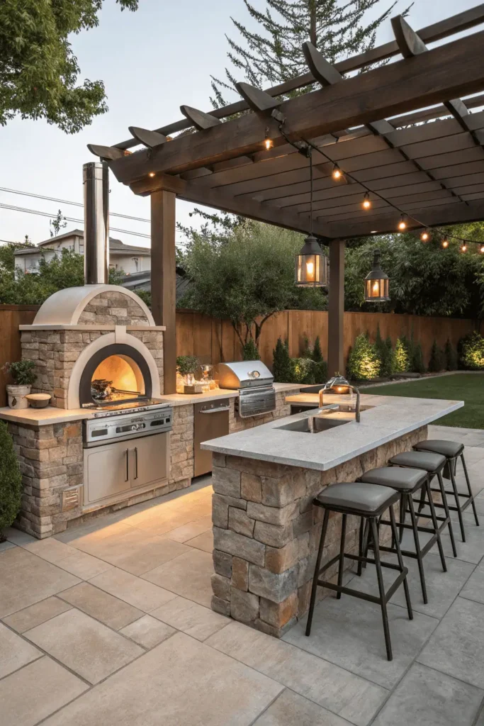 Outdoor kitchen with stone island, grill, pizza oven, bar seating, and pergola in a modern backyard.