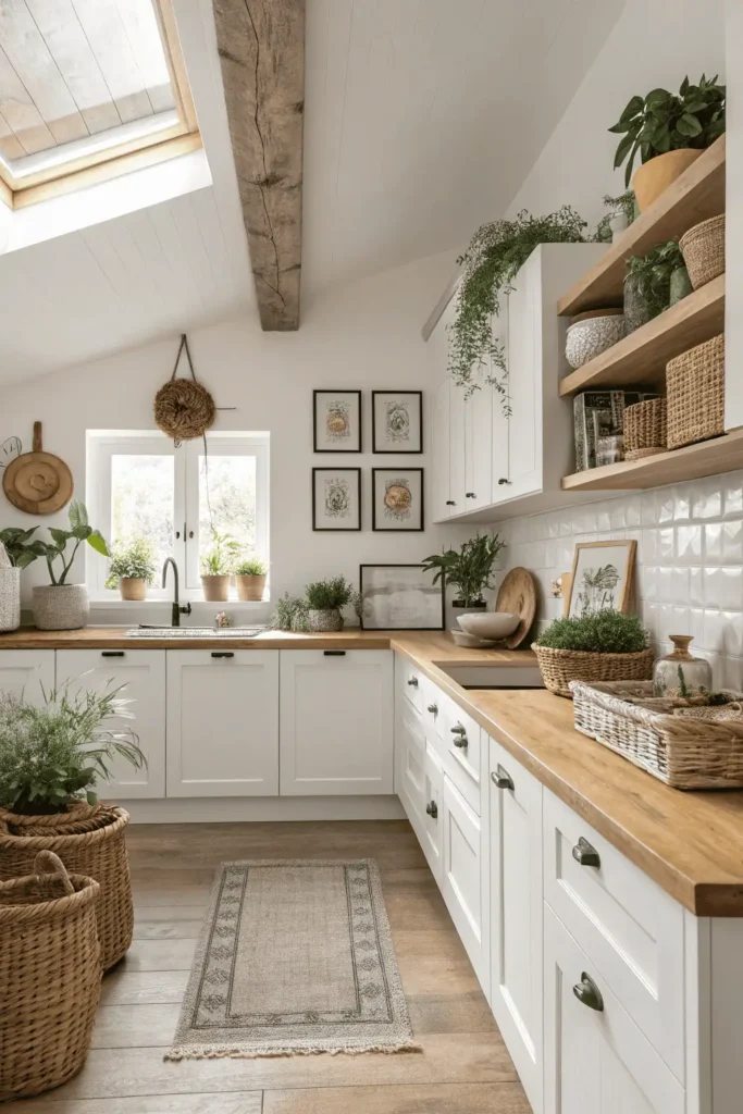 Modern kitchen showing the open space above cabinets decorated with baskets, greenery, and framed art, turning an unused spot into a stylish and functional focal point.