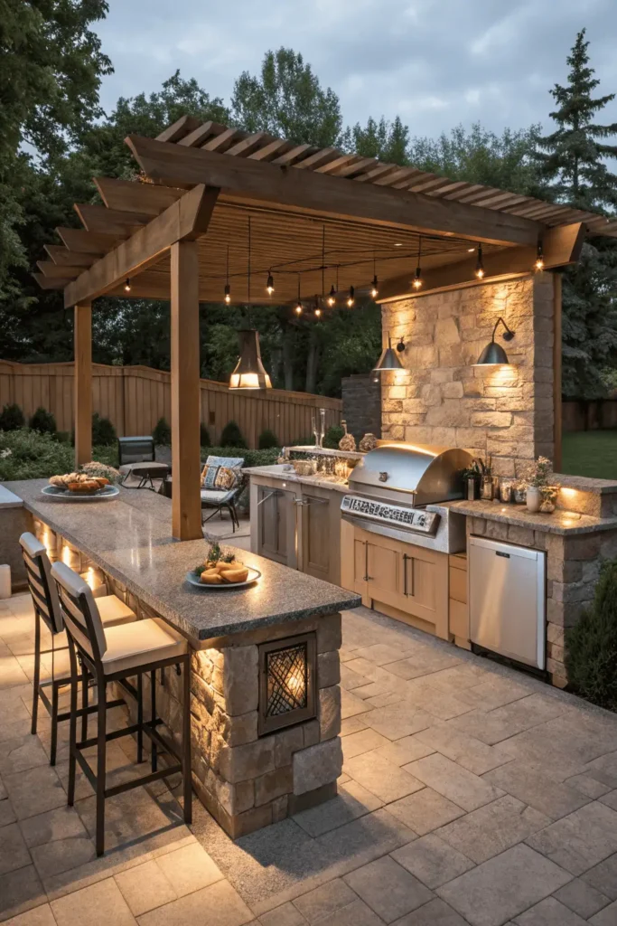Realistic backyard outdoor kitchen with grill, stone counters, pergola, and seating area for family gatherings.
