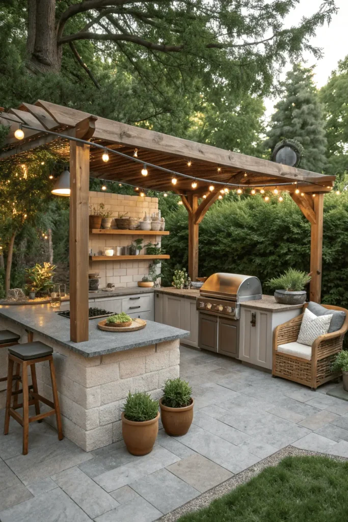 Outdoor garden kitchen with stone counter, grill, pergola, and potted herbs surrounded by greenery.