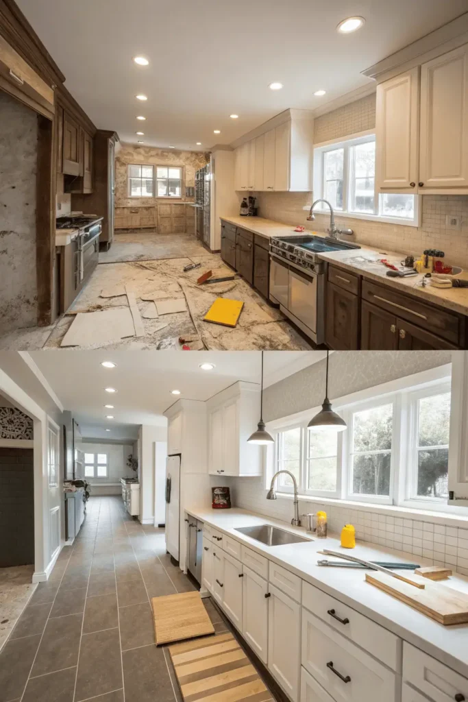 Modern kitchen remodel in progress with countertops, cabinets, and flooring being updated to show transformation toward a sleek, functional cooking space.