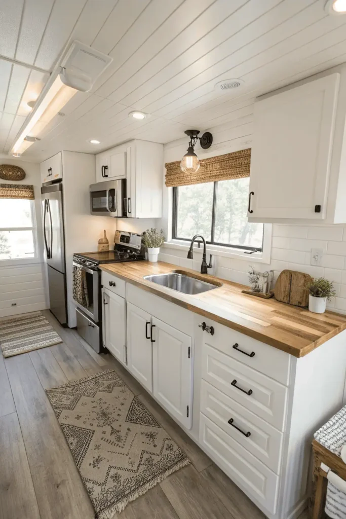 Modern mobile home kitchen remodel with white cabinets, stainless steel appliances, and efficient small-space design.