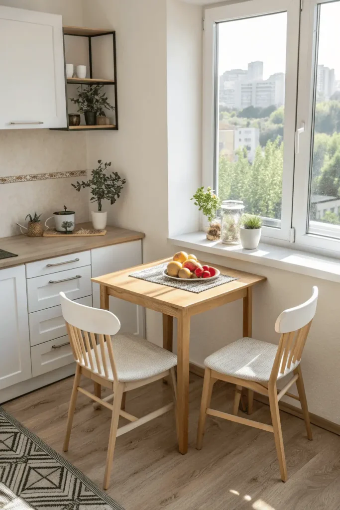 Compact kitchen with a small wooden table and chairs placed near a window.