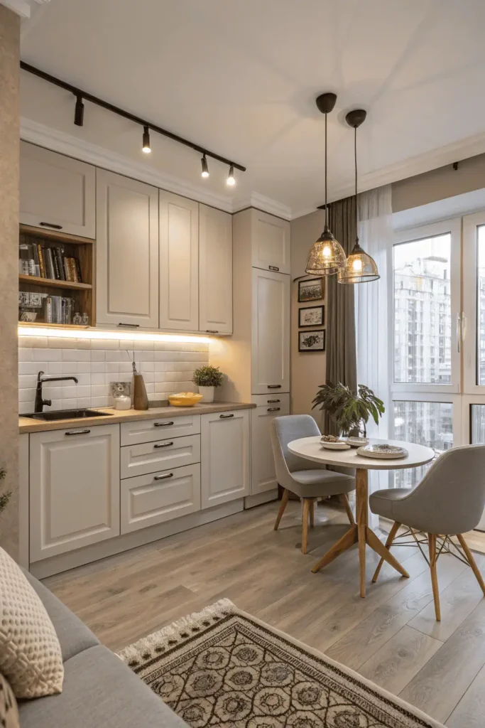 Compact small open kitchen with light cabinets, dining table, and modern lighting connected to living area.