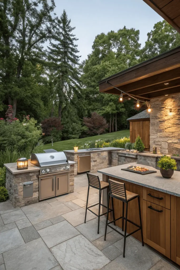 Modern outdoor kitchen with stainless steel grill, stone counters, and bar seating on patio.