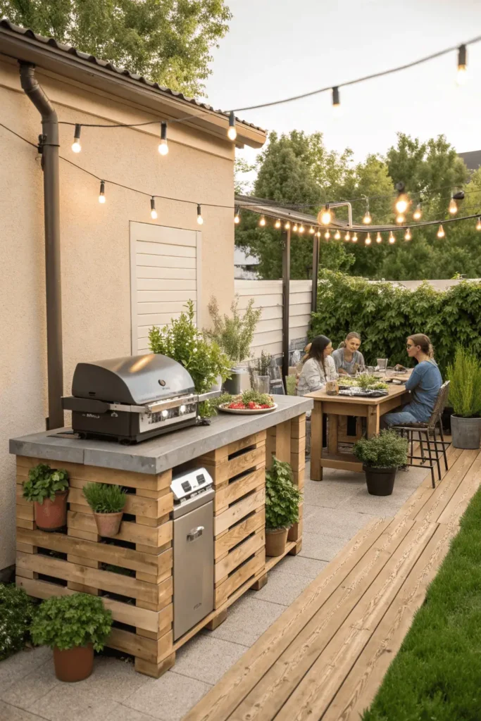 Budget-friendly outdoor kitchen with pallet counter, portable grill, and string lights in backyard.