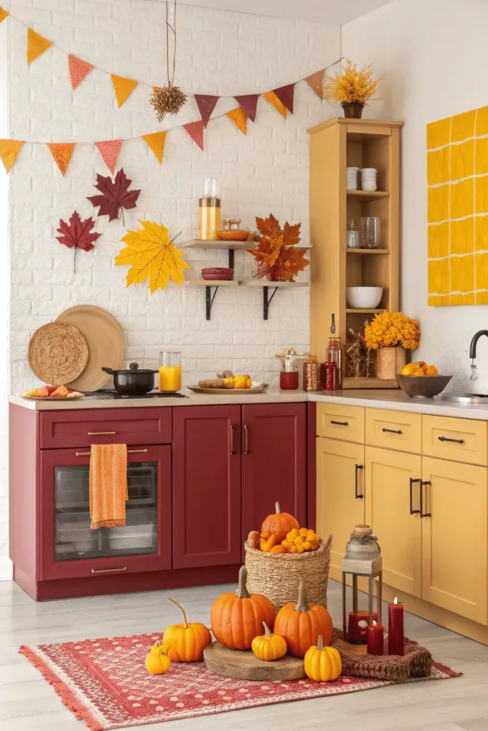 Family-friendly fall kitchen decorated with pumpkins, plaid runner, and candles, showing the warmth and importance of seasonal autumn decor.