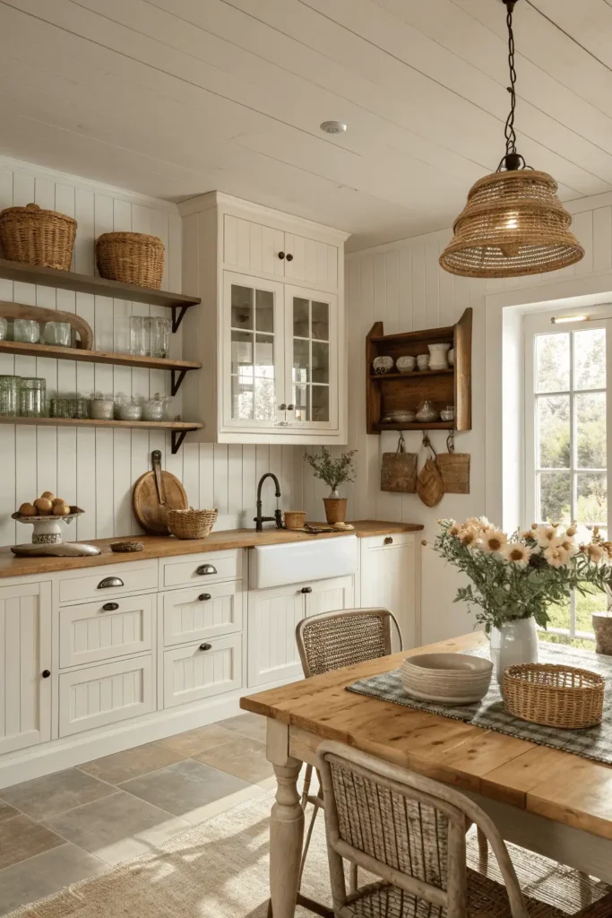 Farmhouse kitchen with wooden accents, open shelving, and cozy lighting, creating a welcoming atmosphere that balances charm, functionality, and timeless style.