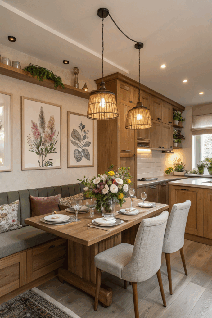 Warm family kitchen with wooden finishes, plants, and cozy lighting.