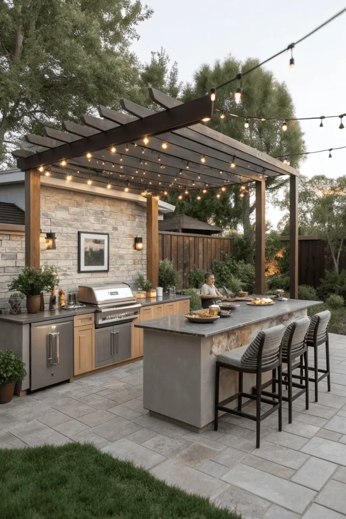 Backyard outdoor kitchen with grill, counter, fridge, and bar seating, designed for cooking, entertaining, and creating a welcoming space for family and guests.