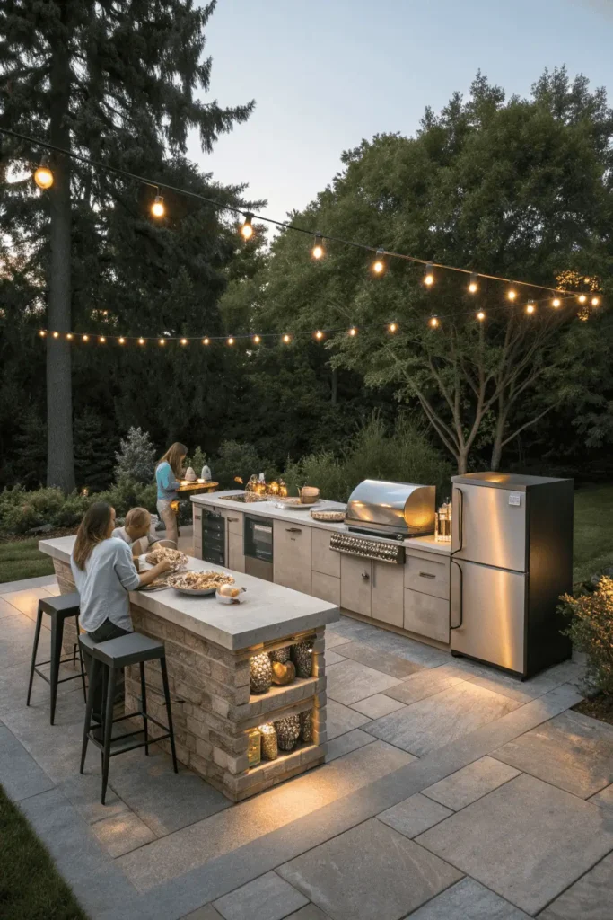 Family enjoying a backyard outdoor kitchen with grill, countertops, and bar seating under warm string lights.