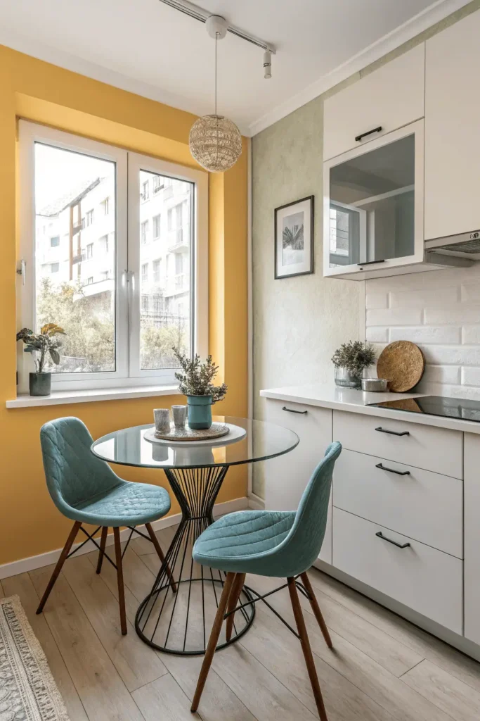 Modern small kitchen with a round glass table and chairs in a bright space.
