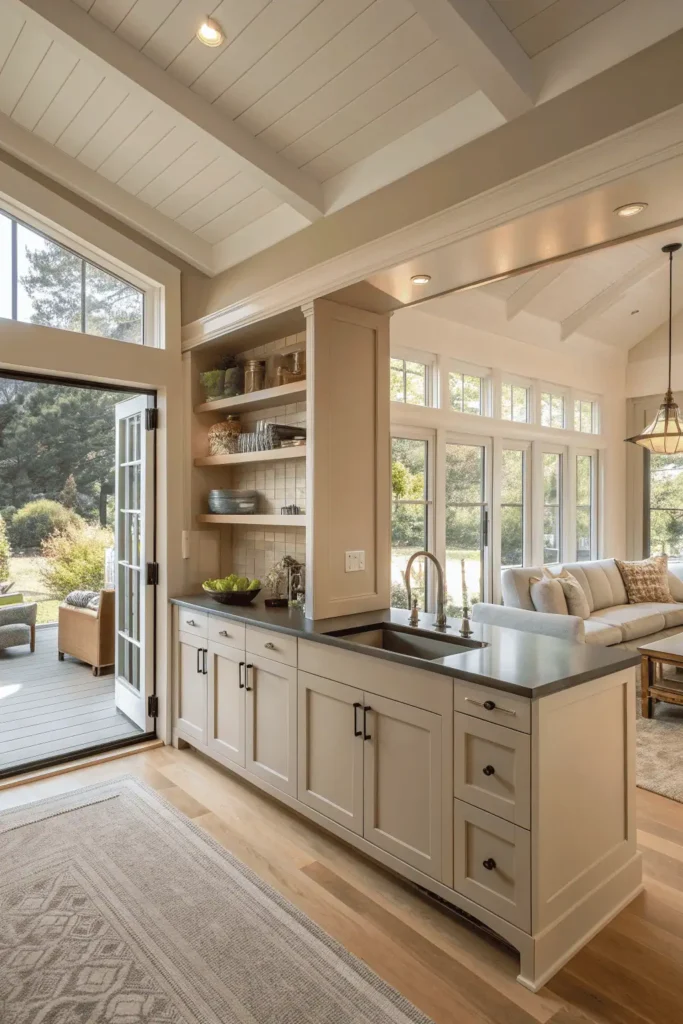 Modern small open kitchen connected to living room with natural light and open shelving.