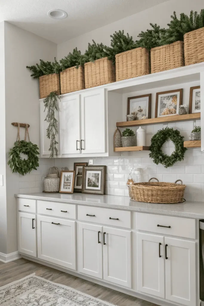 Modern kitchen with the top of cabinets decorated with plants, baskets, family photos, and seasonal accents, adding height, style, and personality to the space.