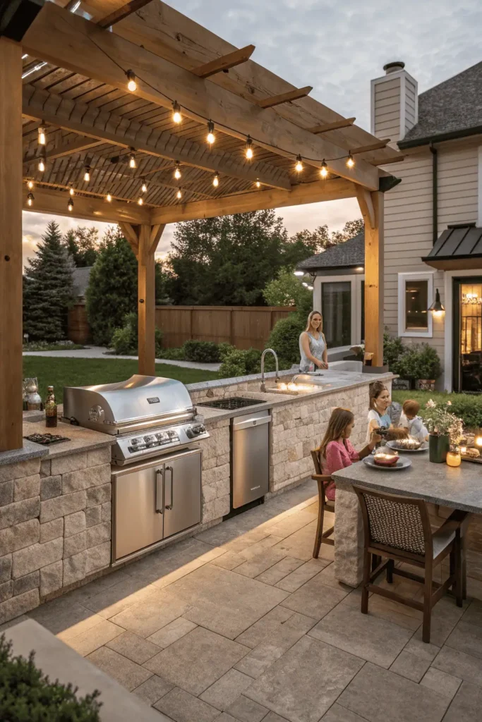 Realistic backyard outdoor kitchen with grill, counters, pergola, and family enjoying an outdoor meal.