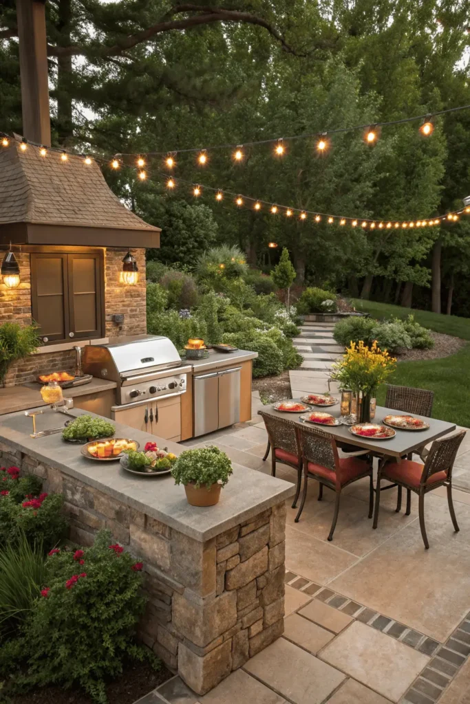 Cozy outdoor garden kitchen with grill, dining table, and seating surrounded by flowers and greenery.