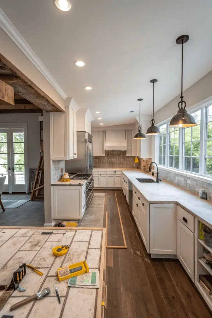 Modern renovated kitchen with sleek countertops, energy-efficient appliances, stylish lighting, and organized storage, representing the benefits of a well-planned remodel.
