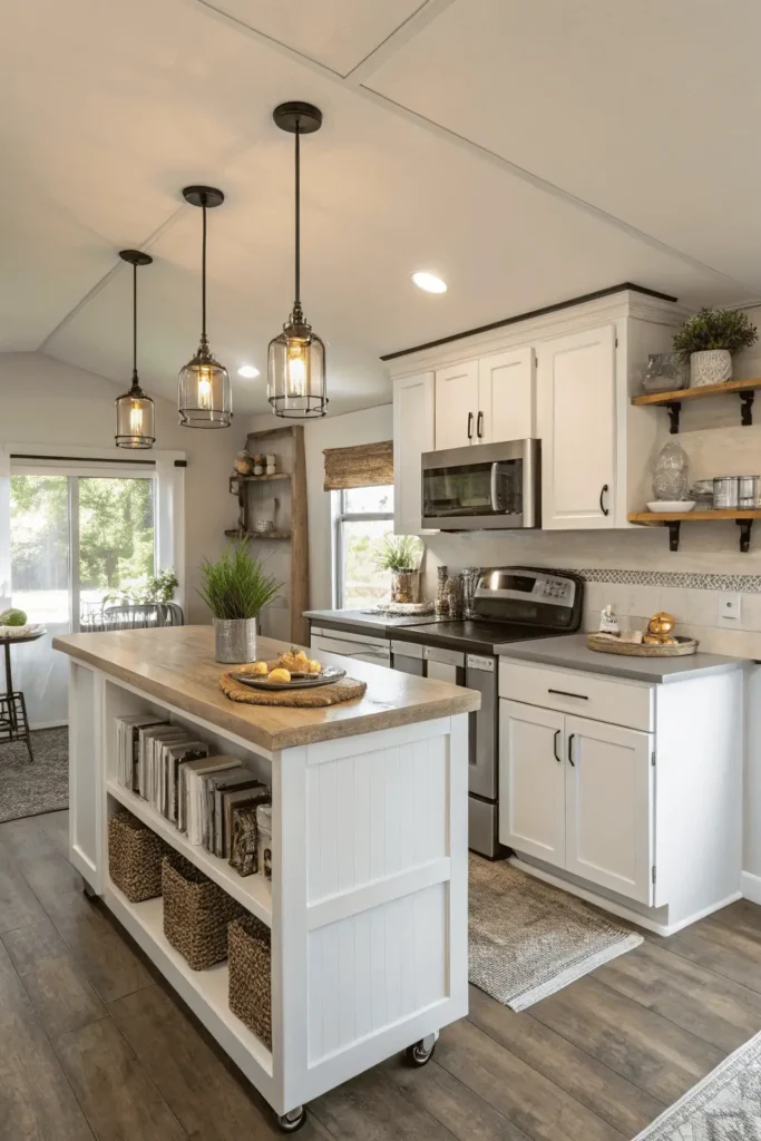Remodeled mobile home kitchen with space-saving layout, modern appliances, and bright farmhouse-inspired design.