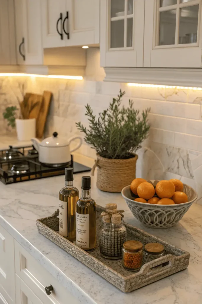 Inviting kitchen counter with plant, tray of spices, and fruit bowl showing the importance of decor.