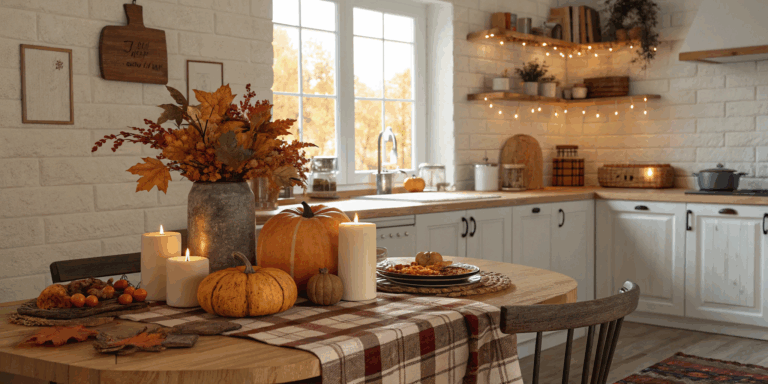 Cozy kitchen decorated with pumpkins, candles, and plaid textiles for fall.