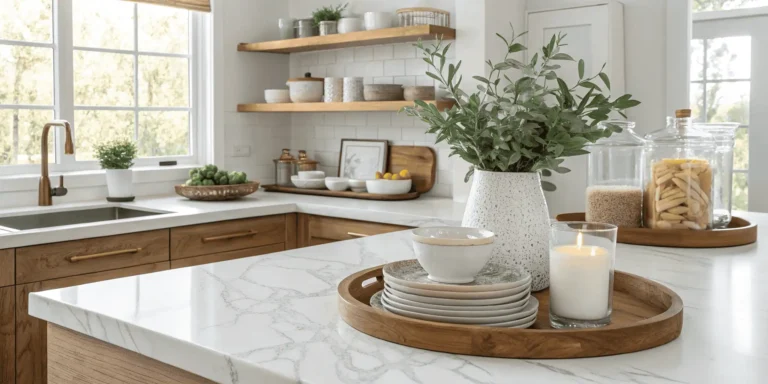 Stylish kitchen counter decor with vase, tray, and glass canisters on a marble countertop.