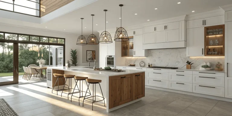 Modern kitchen design with a spacious island, white cabinets, pendant lights, and wooden accents creating a stylish and functional cooking space.