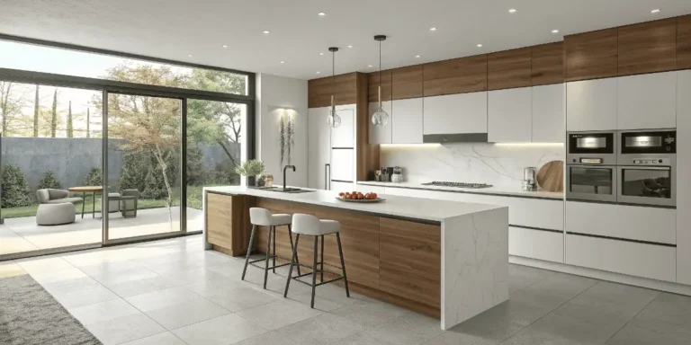 Modern kitchen cabinet design with matte white and walnut cabinets, LED lighting, and island.