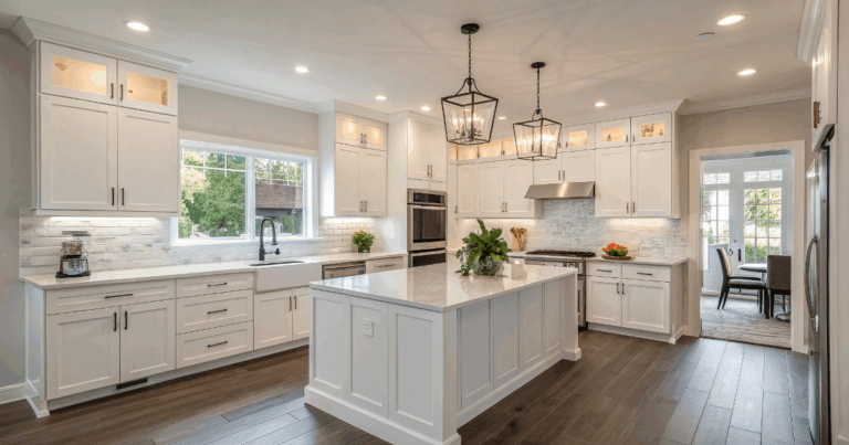 Modern kitchen remodel with white cabinets, quartz countertops, bright lighting, and a compact island for small kitchen ideas.